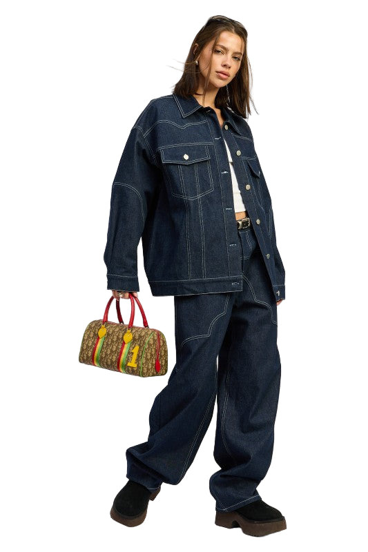 EMORY PARK OVERSIZED TWILL BUTTON UP JACKET - Dark Denim - Side Full View