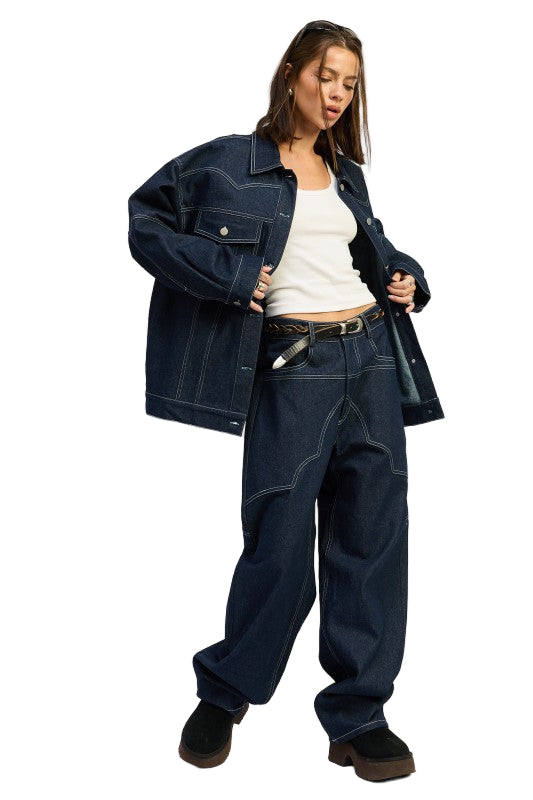 EMORY PARK OVERSIZED TWILL BUTTON UP JACKET - Dark Denim - Side Full View