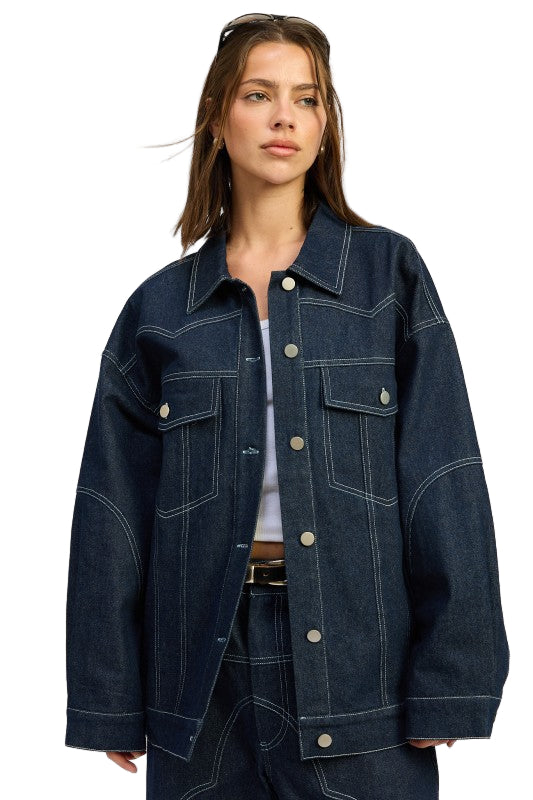 EMORY PARK OVERSIZED TWILL BUTTON UP JACKET - Dark Denim - Front View