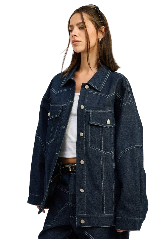 EMORY PARK OVERSIZED TWILL BUTTON UP JACKET - Dark Denim - Side View