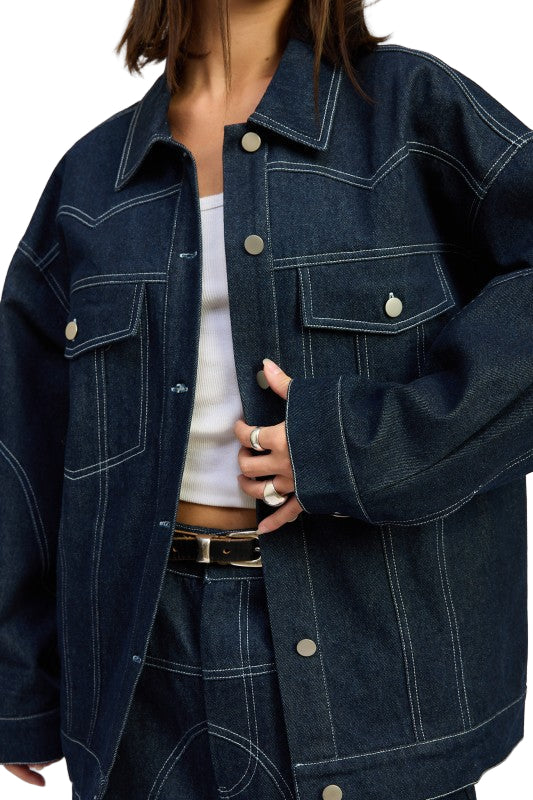 EMORY PARK OVERSIZED TWILL BUTTON UP JACKET - Dark Denim - Front View