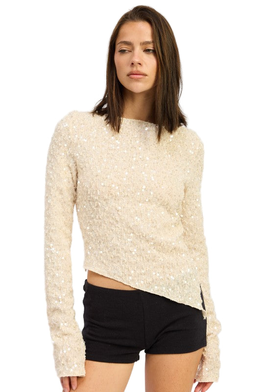 EMORY PARK ASYMMETRICAL SEQUIN TOP - Ivory - Front View