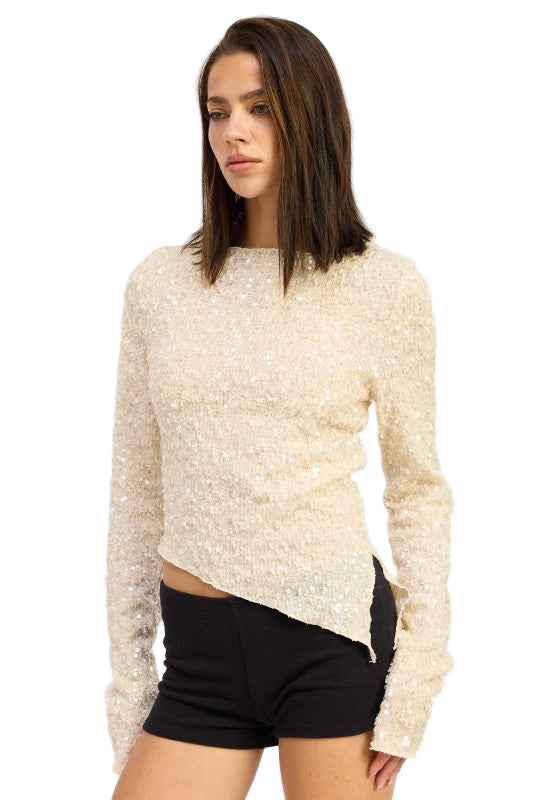 EMORY PARK ASYMMETRICAL SEQUIN TOP - Ivory - Side View