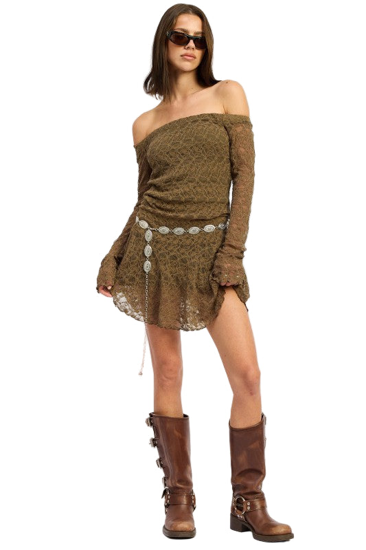 EMORY PARK OFF SHOULDER LACE MINI DRESS - Olive - Front Full View