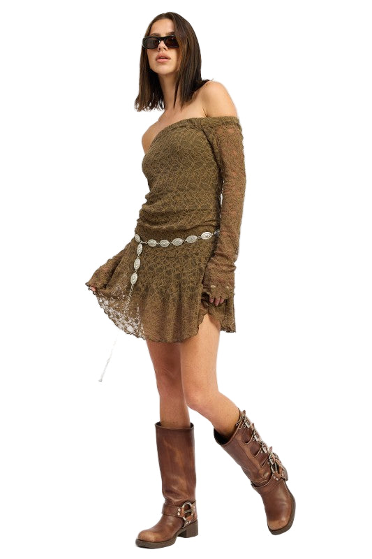 EMORY PARK OFF SHOULDER LACE MINI DRESS - Olive - Side Full View
