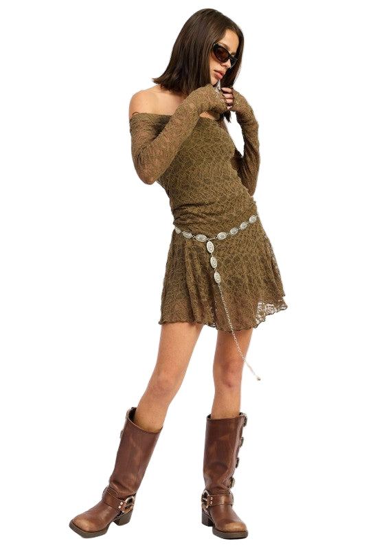 EMORY PARK OFF SHOULDER LACE MINI DRESS - Olive - Front Full View