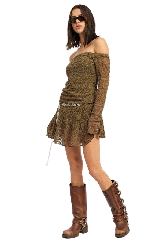 EMORY PARK OFF SHOULDER LACE MINI DRESS - Olive - Side Full View