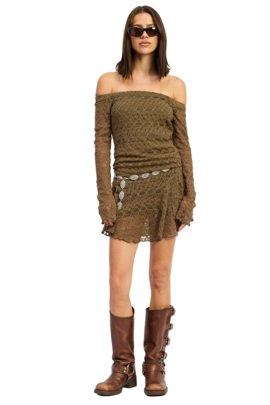 EMORY PARK OFF SHOULDER LACE MINI DRESS - Olive - Front Full View