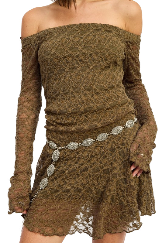 EMORY PARK OFF SHOULDER LACE MINI DRESS - Olive - Front View