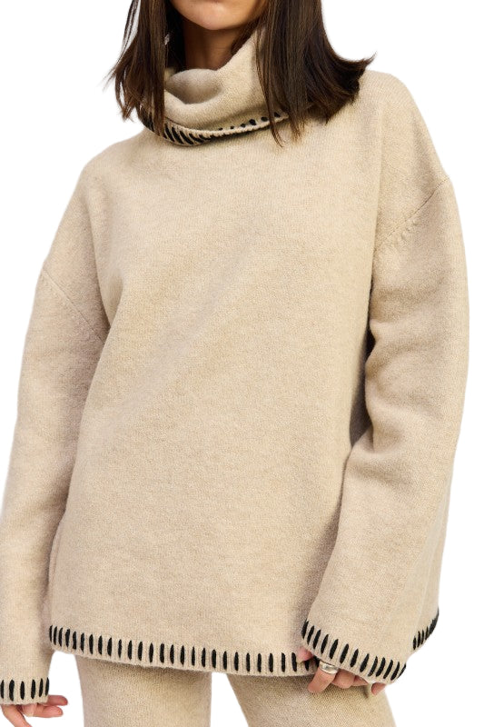 EMORY PARK OVERSIZED TURTLE NECK SWEATER WITH STITCHING - TAUPE - Rear View