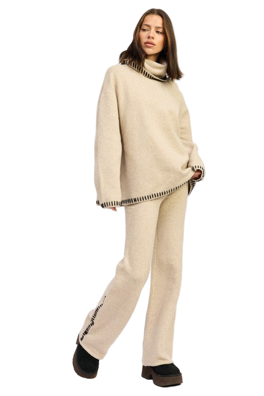EMORY PARK OVERSIZED TURTLE NECK SWEATER WITH STITCHING - TAUPE - Full Side View