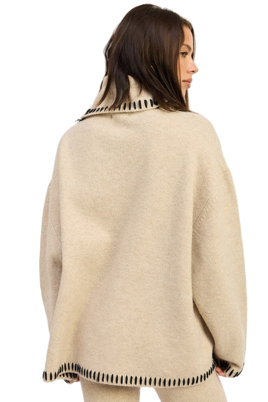 EMORY PARK OVERSIZED TURTLE NECK SWEATER WITH STITCHING - TAUPE - Back View2