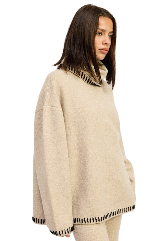 EMORY PARK OVERSIZED TURTLE NECK SWEATER WITH STITCHING - TAUPE - Side View
