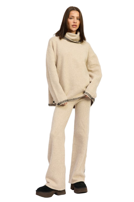 EMORY PARK OVERSIZED TURTLE NECK SWEATER WITH STITCHING - TAUPE - Front Full View2