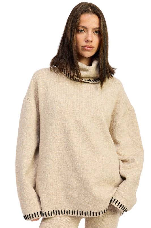 EMORY PARK OVERSIZED TURTLE NECK SWEATER WITH STITCHING - TAUPE - Front View