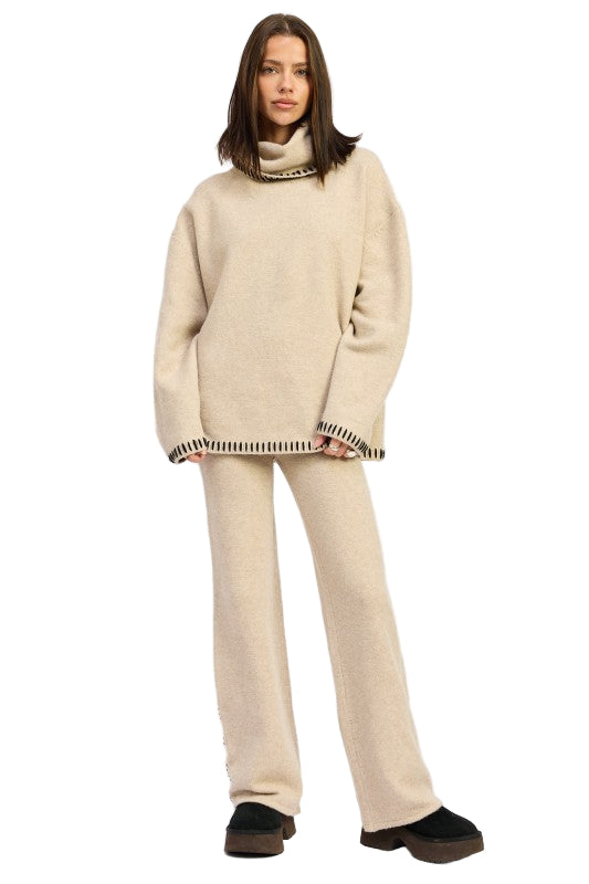 EMORY PARK OVERSIZED TURTLE NECK SWEATER WITH STITCHING - TAUPE - Front Full View
