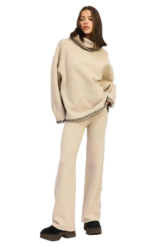 EMORY PARK OVERSIZED TURTLE NECK SWEATER WITH STITCHING - TAUPE - Front Full View