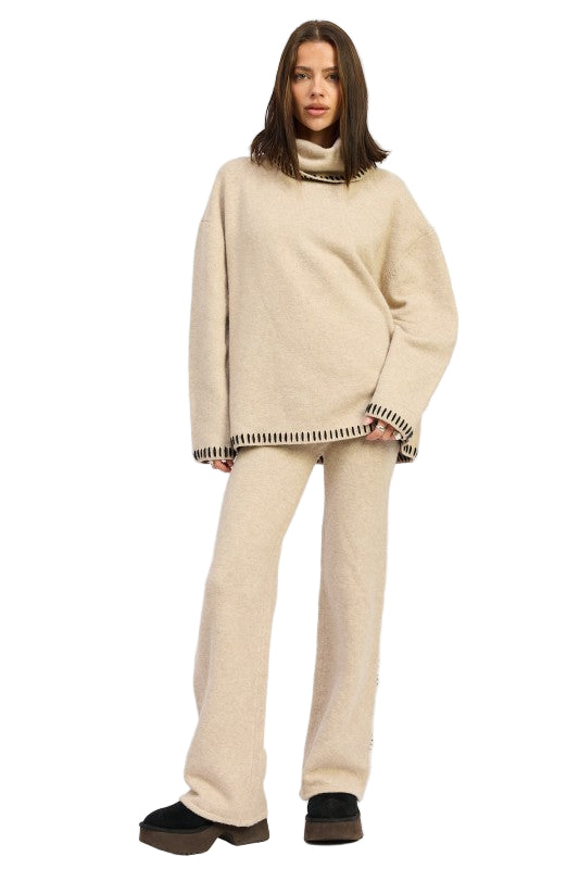 EMORY PARK WIDE LEG PANTS WITH BLANKET STITCHING - TAUPE - Front Full View