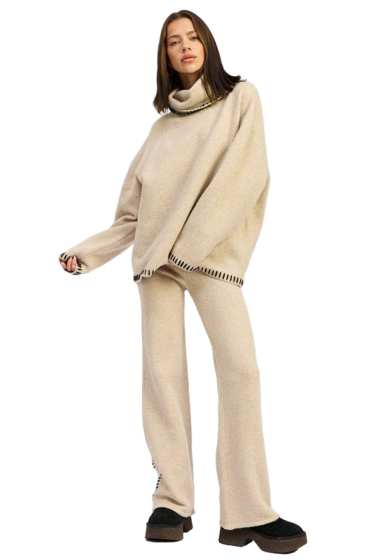 EMORY PARK WIDE LEG PANTS WITH BLANKET STITCHING - TAUPE - Front Full View