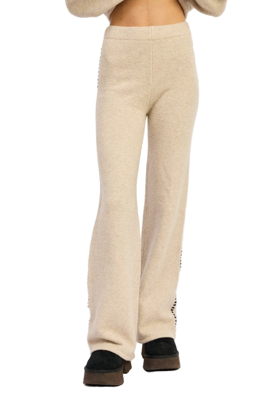 EMORY PARK WIDE LEG PANTS WITH BLANKET STITCHING - TAUPE - Front View