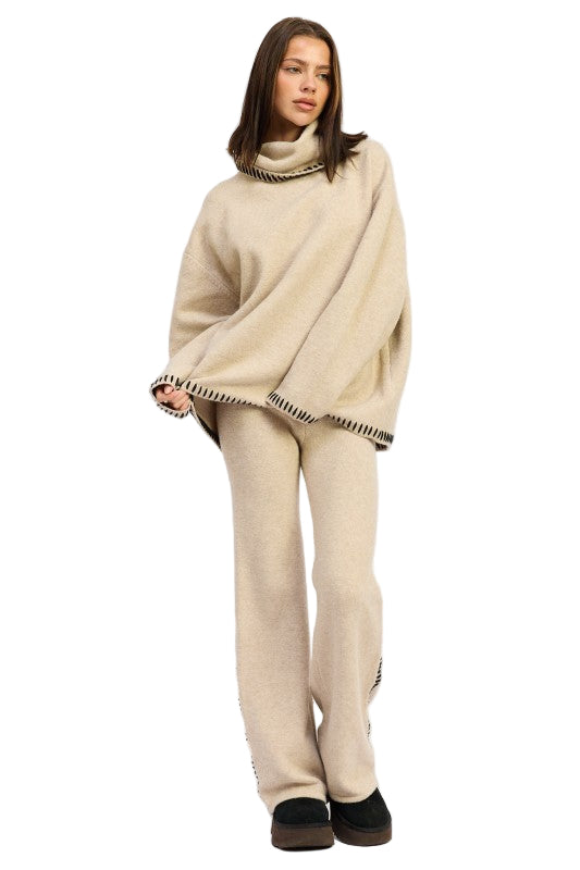 EMORY PARK WIDE LEG PANTS WITH BLANKET STITCHING - TAUPE - Front Full View