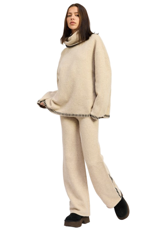 EMORY PARK WIDE LEG PANTS WITH BLANKET STITCHING - TAUPE - Side Full View