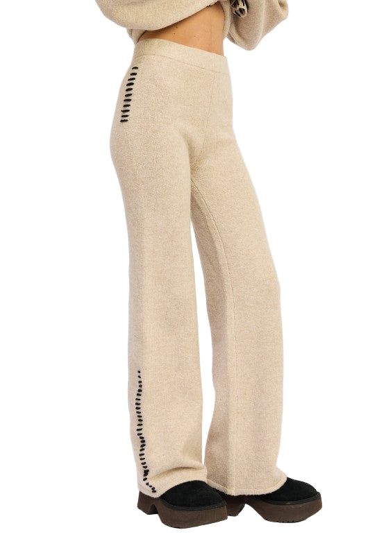 EMORY PARK WIDE LEG PANTS WITH BLANKET STITCHING - TAUPE - Side View