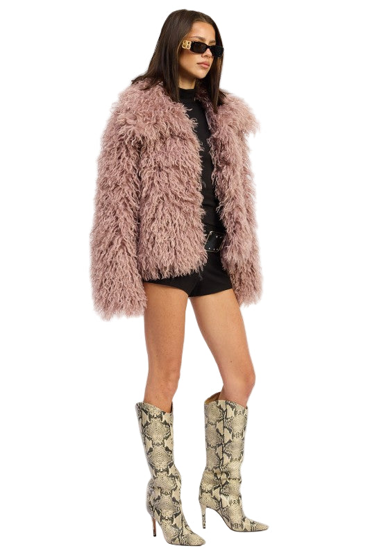 EMORY PARK SHAGGY FAUR FUR COAT WITH COLLAR - Mauve - Side Full View