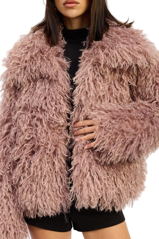 EMORY PARK SHAGGY FAUR FUR COAT WITH COLLAR - Mauve - Front View