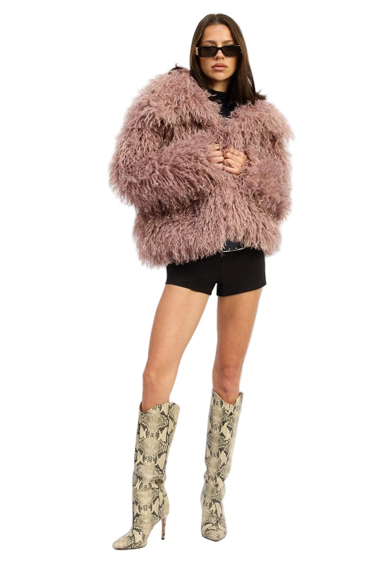 EMORY PARK SHAGGY FAUR FUR COAT WITH COLLAR - Mauve - Front Full View