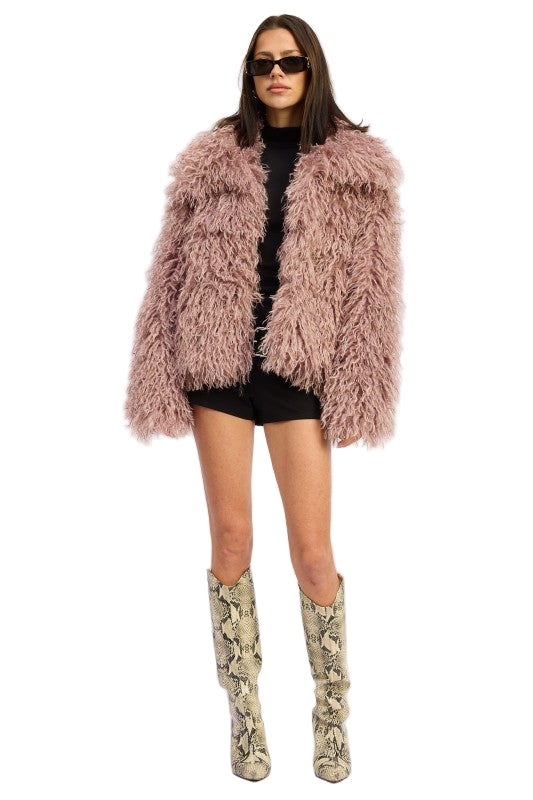 EMORY PARK SHAGGY FAUR FUR COAT WITH COLLAR - Mauve - Front Full View