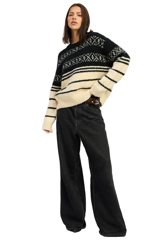 EMORY PARK FAIR ISLE STRIPED OVERSIZE SWEATER - Black Cream - Front Full View