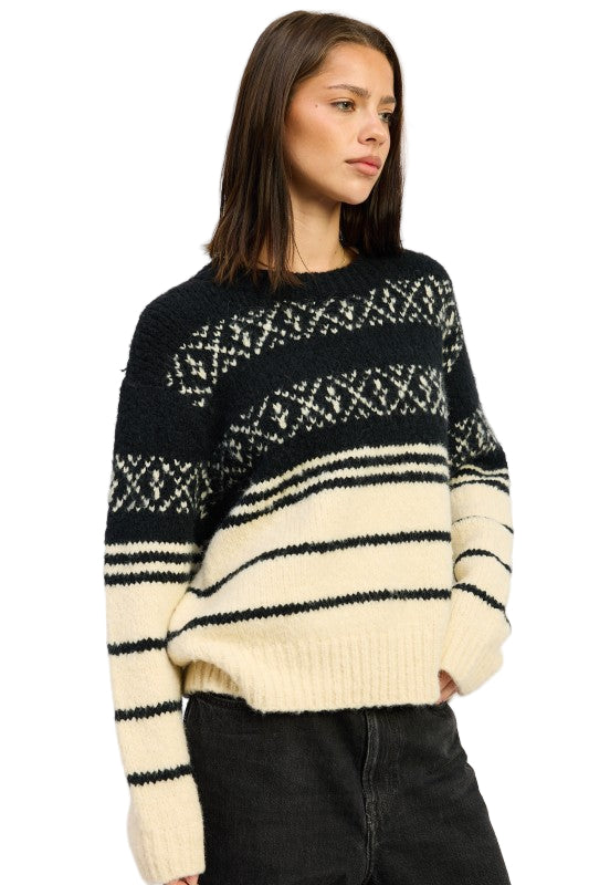EMORY PARK FAIR ISLE STRIPED OVERSIZE SWEATER - Black Cream - Side View