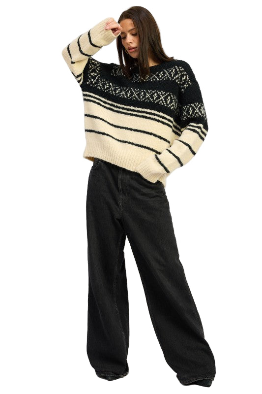 EMORY PARK FAIR ISLE STRIPED OVERSIZE SWEATER - Black Cream - Front Full View
