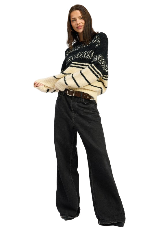 EMORY PARK FAIR ISLE STRIPED OVERSIZE SWEATER - Black Cream - Front Full View