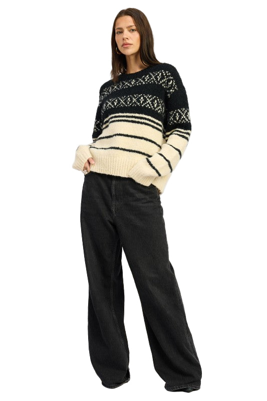 EMORY PARK FAIR ISLE STRIPED OVERSIZE SWEATER - Black Cream - Front Full View