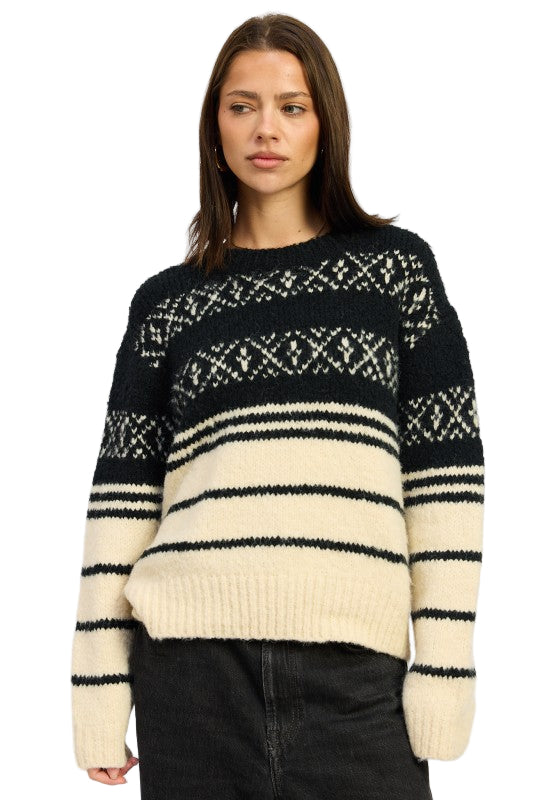 EMORY PARK FAIR ISLE STRIPED OVERSIZE SWEATER - Black Cream - Front View