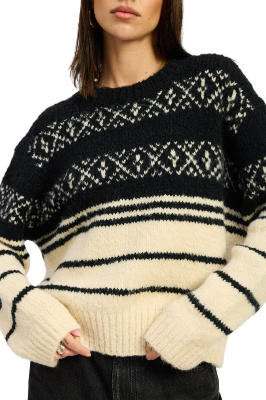 EMORY PARK FAIR ISLE STRIPED OVERSIZE SWEATER - Black Cream - Front View