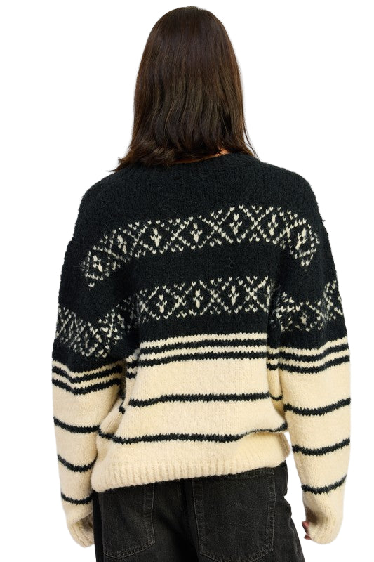 EMORY PARK FAIR ISLE STRIPED OVERSIZE SWEATER - Black Cream - Back View