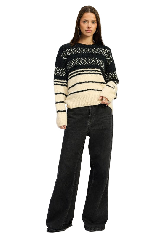 EMORY PARK FAIR ISLE STRIPED OVERSIZE SWEATER - Black Cream - Front Full View