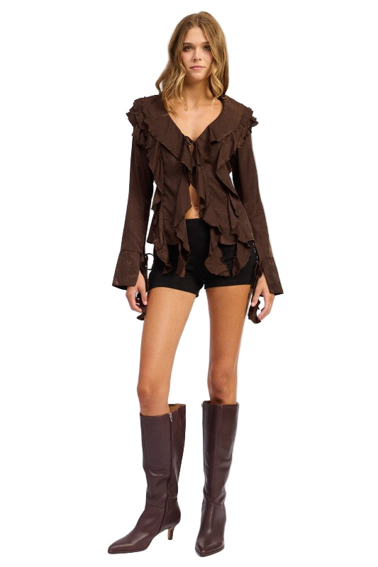 EMORY PARK TIE FRONT RUFFLED TOP - Chocolate - Front Full View