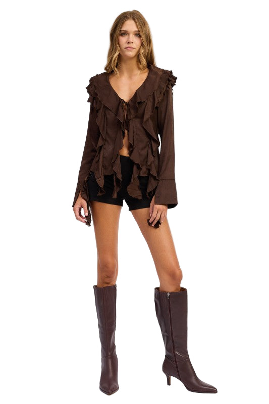 EMORY PARK TIE FRONT RUFFLED TOP - Chocolate - Front Full View