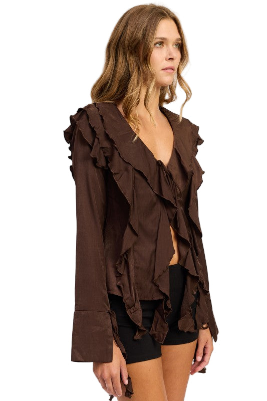 EMORY PARK TIE FRONT RUFFLED TOP - Chocolate - Side View