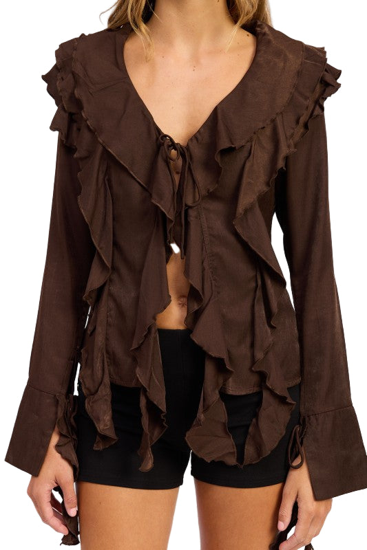 EMORY PARK TIE FRONT RUFFLED TOP - Chocolate - Rear View