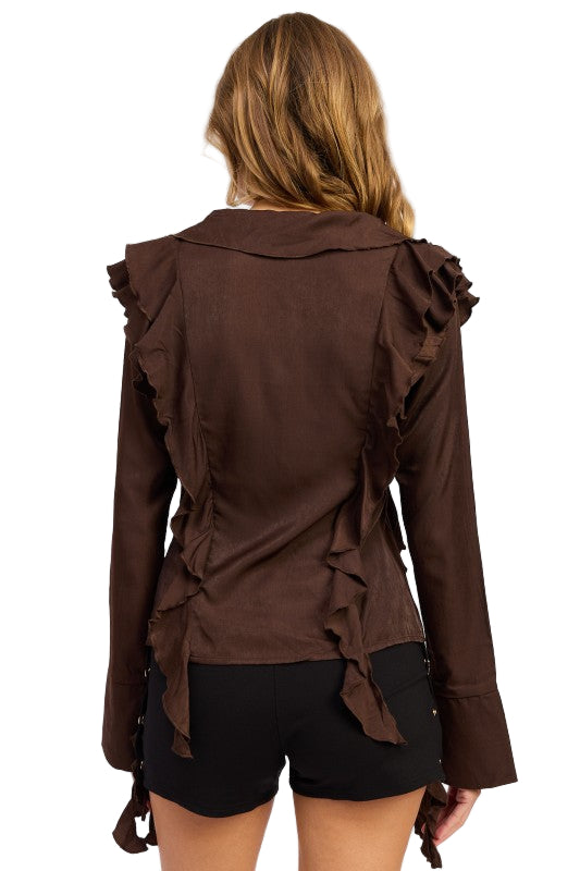 EMORY PARK TIE FRONT RUFFLED TOP - Chocolate - Back View