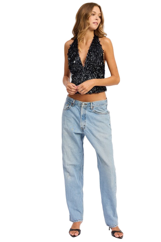 EMORY PARK SEQUIN PAILETTE HALTER TOP - Black - Front Full View