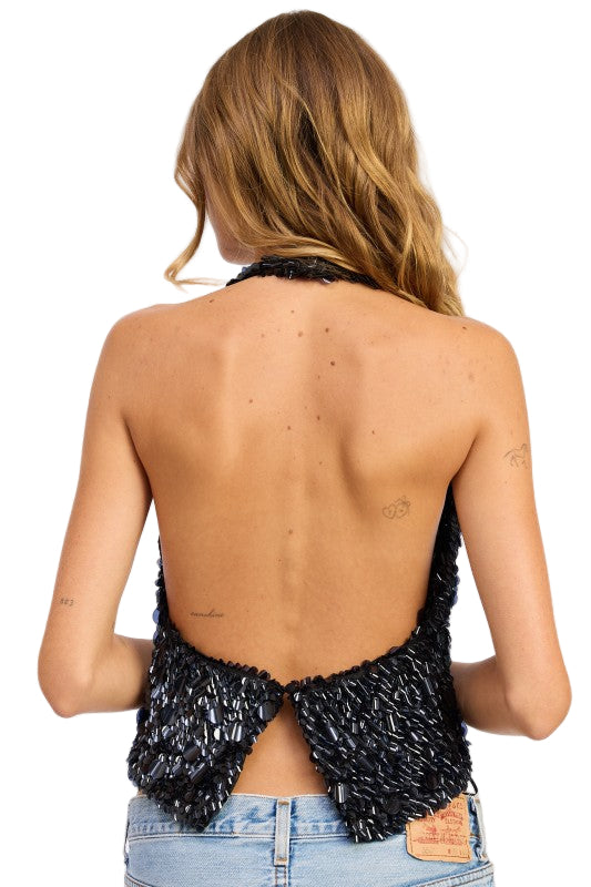EMORY PARK SEQUIN PAILETTE HALTER TOP - Black - Back View