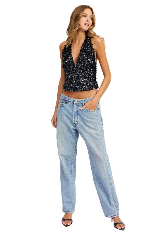EMORY PARK SEQUIN PAILETTE HALTER TOP - Black - Front Full View