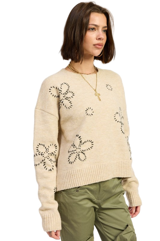 EMORY PARK FLORAL WHIPSTITCH SWEATER - Oat - Side View