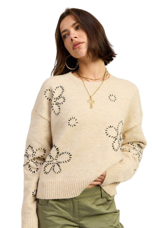 EMORY PARK FLORAL WHIPSTITCH SWEATER - Oat - Front View